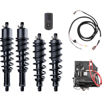 Set of four black coilover shocks with adjustable air assist, remote control, wiring harness, and compressor unit for.