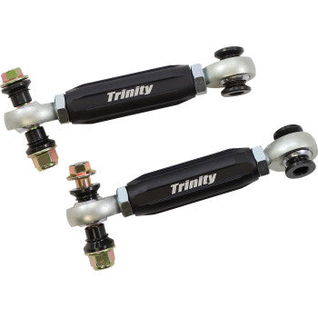Two Swaybar Endlink Rear by Trinity Racing in black and silver, made from extruded aluminum with metal joints, bushings, and nuts on both ends, are positioned parallel against a white background.