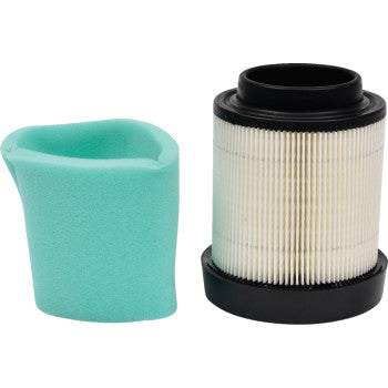 The Polaris Replacement Air Filter by All Balls features a cylindrical pleated white filter with black ends and a green foam pre-filter sleeve, both shown upright on a white background—perfect for OEM replacement.