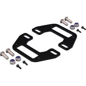 The Mount - License Plate - T3 Lights by Denali includes two black metal brackets, four bolts, two nuts, and four small screws—perfect for mounting license plates or T3 Signal Pods. All items are displayed on a white background.