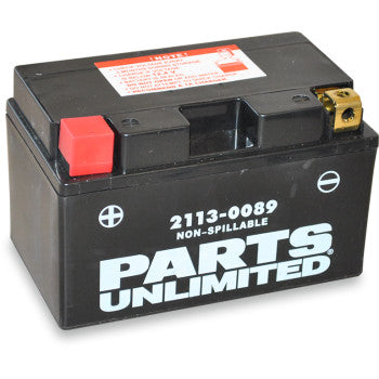 A black, rectangular Parts Unlimited AGM Battery YTZ10S with a spill-proof design and red terminal cap (model 2113-0089) is displayed on a white background.