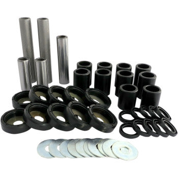 The Rear Independent Suspension Repair Kit by Epi, featuring metal bushings, spacers, washers, seals, and rings for automotive or suspension arm assembly, is neatly arranged on a white background.