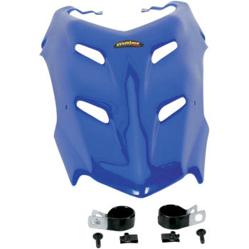 The Yamaha Vented Hood for Blaster in dark blue by Maier is made from high-density polyethylene with vent holes, and includes OE color-matched brackets, screws, and clamps displayed below the hood.