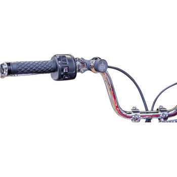 Close-up of a bicycle handlebar with black rubber grip, gear shifter, and brake cables on a shiny metal bar featuring the Ambidextrous Mount - iOmount™ - Chrome by Klock Werks.
