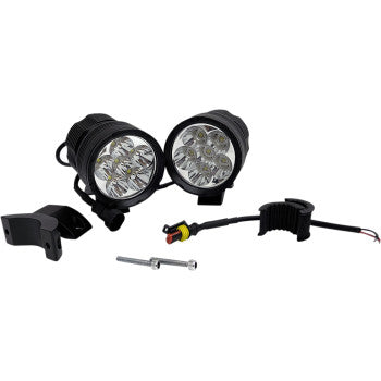 The Roll Cage Lights LED by Rivco Products are shown: two round LED lights with black housings, IP68 waterproof lenses, mounting brackets for 1.50”-2” tubes, screws, and a wiring harness. Multiple LEDs are visible in each light.