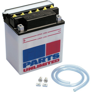 The Battery YB10A A2 by Parts Unlimited is a rectangular, heavy-duty battery with upper/lower level markings, a black top with yellow caps, two bolts, two nuts, and a clear plastic tube—built for reliable starting power.