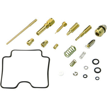 Yamaha Carburetor Repair Kit by Shindy includes main and pilot jets, float valves, springs, rubber O-rings, washers, and a black gasket, all displayed on a white background.