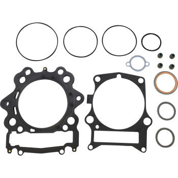 The Yamaha Top End Gasket Set by Prox includes two multi-hole large gaskets, assorted O-rings, and small circular seals—ideal for precision engine rebuilds—all neatly displayed on a white background.