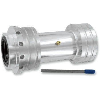 The Yamaha Banshee / Raptor Axle Carrier Super Twin by Lone Star Racing / Tech 5 Ind., a grooved metallic cylinder with seals, rests beside a slim tool with a blue handle on a white background.