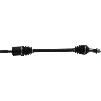 The Can Am Defender Axle Kit Complete Standard Front Left by Moose Offroad is a black automotive drive shaft with rubber boots at both ends, featuring precision-ground components for durability and efficient power transmission. Set against a plain white background.