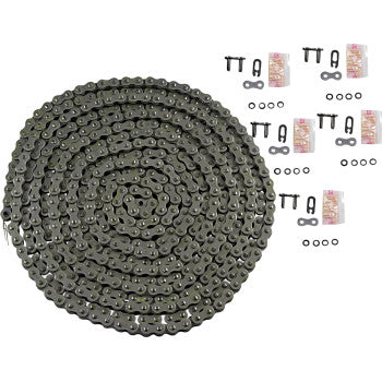 The 520 Pro V Series O Ring Chain 25 Feet by DID is coiled in a circle, showcasing reinforced rollers, several master and connecting links, and small parts arranged neatly beside it on a white background.