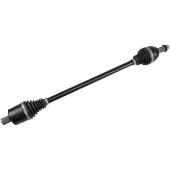 The Polaris Axle X-Treme Heavy Duty Long Travel Front Left & Right by Demon is a black chromoly steel drive shaft with rubber boots, metal fittings, and robust CV joints, shown horizontally on a white background.
