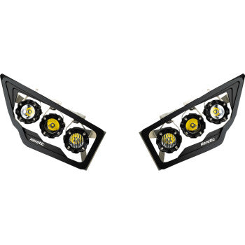 Two angular black Headlight KRX by Heretic assemblies, featuring three circular CREE LEDs and yellow accents in CNC aircraft-grade aluminum, face each other on a white background.