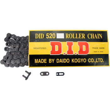 A DID 520 Standard Drive Chain with 96 links is partially removed from its yellow and black box labeled 520 Roller Chain, D.I.D, by Daido Kogyo Co., Ltd.