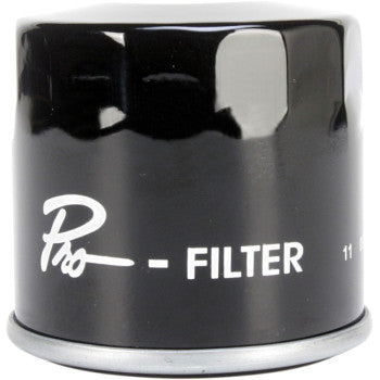 Black cylindrical metal oil filter with white "Pro-Filter" text and silver base rim.