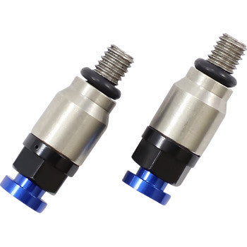 The Fork Air Bleeder Blue by Tmv features two metal bleeders with threaded ends, black mid-sections, and blue anodized finishes, displayed on a white background.
