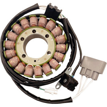 Circular Yamaha OE style stator with copper coils, central metal ring, wiring harness, and gray electrical connector.