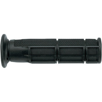 Close-up of ATV Victor Half Waffle Grips Black by Domino, showcasing a black rubber handlebar grip with Victor half-waffle design for superior hold, made from medium-to-soft compound—perfect for bicycles or motorcycles.