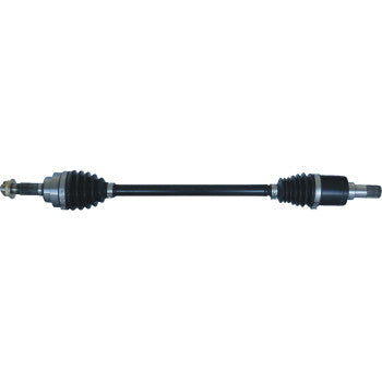 The Big Red MUV CV Axle Kit Complete Front Left Heavy Duty by Moose Offroad features heavy-duty bearings, rubber boots, and metal joints on both ends, shown horizontally against a white background.