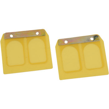 The Yamaha Power Reed Set by Boyesen features two yellow rectangular dual-stage reeds with metal strips and top mounting holes, side by side on a white background, engineered to enhance flow velocity for better performance.