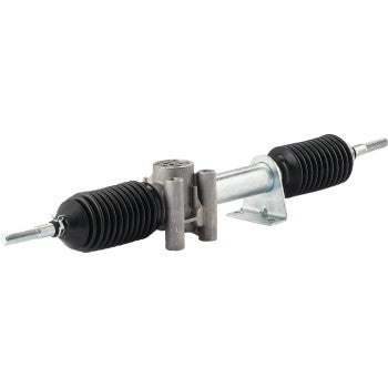The Steering Rack by Moose Offroad is a metal automotive assembly with black rubber boots on both ends and a central mounting bracket, shown isolated on a white background.