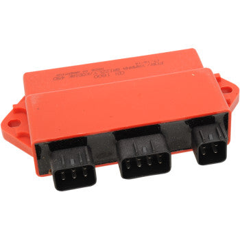The Yamaha Hot Shot CDI Box by Rick's Motorsport Electric is a red electronic ignition control module with three black connector ports, designed for ATV or motorcycle engines to manage ignition advance curves.