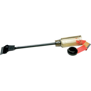 The Scraper Extended by Performance Tool features a clear handle, black blade, black cap, and includes red and orange replacement blades stored conveniently in the handle—ideal for reaching confined areas.