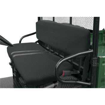 A close-up of the Polaris Ranger Seat Cover Black by Classic Accessories installed on a utility vehicle, showing its heavy-duty fabric, metal armrests, and a protective mesh panel behind the seat.