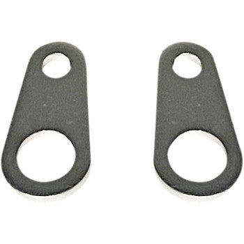 Two flat, silver metal Straight Brackets from Custom Dynamics, each with a large hole at one end and a smaller hole at the other—ideal for mounting Micro Turn Signals. Upright and parallel on a white background.