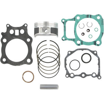 Honda Piston Kit with Gasket 79.00 mm by Wiseco shown on a white background, featuring top-end gaskets, o-rings, 79mm piston, rings, and wrist pin for display.