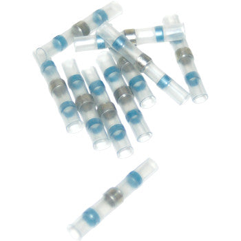 A set of Butt Splice Connectors by Namz, featuring transparent bodies with blue rings and metal centers, perfect for plug-in installation of rear lighting accessories, displayed scattered on a white background.