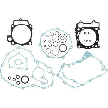 The Yamaha Gasket Kit Complete by Prox features assorted black and light blue rubber parts and gaskets in various shapes and sizes, displayed on a white background, including both circular and irregular outlines.