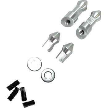 The Can Am Console Panel Pin Kit Set of Four for Can Am Renegade by Quad Logic includes two silver spacers, precision fit pins, two washers, and six small black screws, all arranged on a white background.