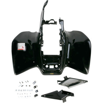 The Maier Rear Fender Black, made from vacuum-formed polyethylene, is shown with screws, bolts, and assembly hardware neatly arranged on a white background.