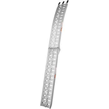 The Folding Ramp 89 x 9 by Motorsport Products features evenly spaced rectangular holes, a slight arch for stability, and unfolds to help load equipment or vehicles onto elevated surfaces.