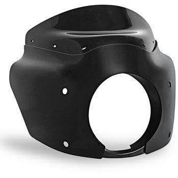 The Road Warrior Fairing by Memphis Shades features a matte black, curved aerodynamic design with multiple mounting holes and a large central headlight opening—ideal for Chief Bobber models.