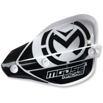 The Probend Hand Guards White by Moose Offroad feature a black and white design, the Moose Racing logo, a bold M graphic, and CNC-machined billet aluminum supports for enhanced durability.