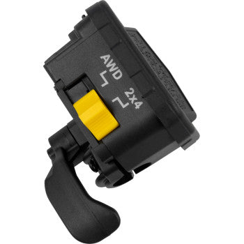 The Polaris Throttle Assembly by Moose Offroad is a black and yellow lever switch, made of durable aluminum with a black anodized finish, marked AWD and 2x4 for all-wheel or two-wheel drive mode selection.