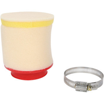 Cylindrical yellow foam air filter with red plastic base and silver metal hose clamp.