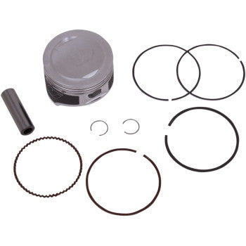 The Honda Piston Kit 69.00 mm by Wiseco includes a piston, piston rings, wrist pin, and circlips, all displayed on a white background for optimal strength-to-weight ratio.