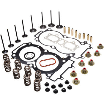 Cylinder head service kit with black metal valves, coiled springs, black and copper valve seals, and assorted flat gaskets.