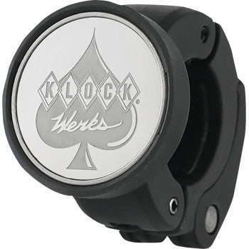 The NOMAD iOmounts® ™ Universal Phone Mount 1 Clamp by Klock Werks is a round, black and silver quick-release clamp featuring a spade symbol and Klock Werks engraved on the front.