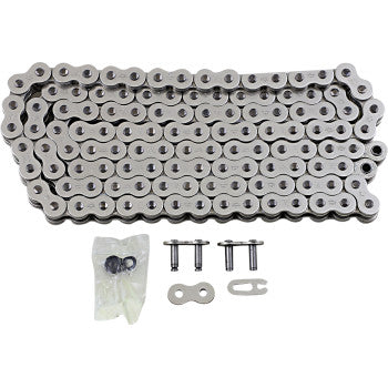 The 520 X1R3 Chain Nickel 120 Link by JT Chains, a silver metal motorcycle chain, is coiled on a flat surface with a small plastic bag of links, pins, and a connecting link shown below it.