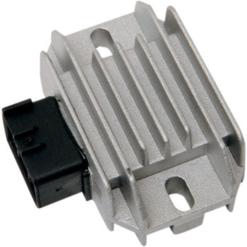Silver metal Suzuki regulator rectifier with cooling fins and black electrical connector plug.