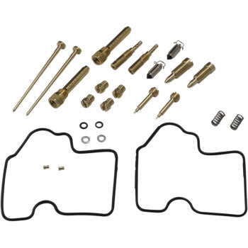 The Kawasaki Carburetor Repair Kit by Shindy, featuring float valves, main and pilot jets, needles, springs, small washers, and two black rubber gaskets, is neatly arranged on a white background.