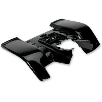 The Rear Fender Black by Maier is a glossy black high-density polyethylene cover with curved edges and blade cutouts, shown from above on a white background.