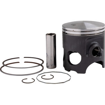 The Yamaha RD350 RD350 LC Yamaha Banshee 350 Piston Kit 65.50 mm by Prox includes a CNC-machined alloy piston with a hole, a cylindrical pin, and three sizes of thin circular rings, all shown on a white background.