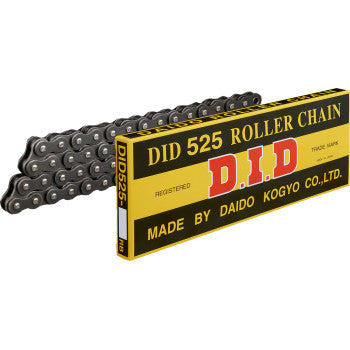 A 525 Standard Drive Chain 120 Links by Did, partially pulled out from its yellow and black box labeled DID 525 Roller Chain and Made by Daido Kogyo Co., Ltd.