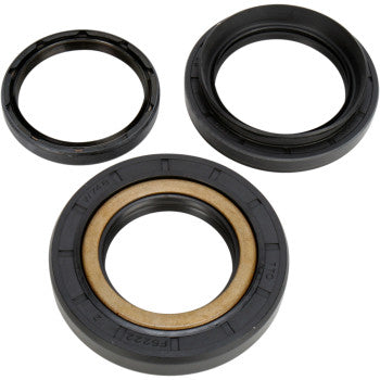 Three black rubber seals of varying sizes from the Honda Differential Seal Kit Rear by Moose Offroad are displayed on a white background—the largest has a metallic inner ring, while the other two are plain rubber, perfect for differential servicing.