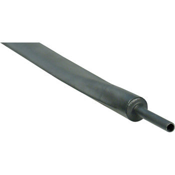 The Heat Shrink Tube - 11/16 x 4 by DEI, in black polyolefin, is partially shrunk at one end for a snug cable fit and electrical insulation, with the wider unshrunk section extending outward.